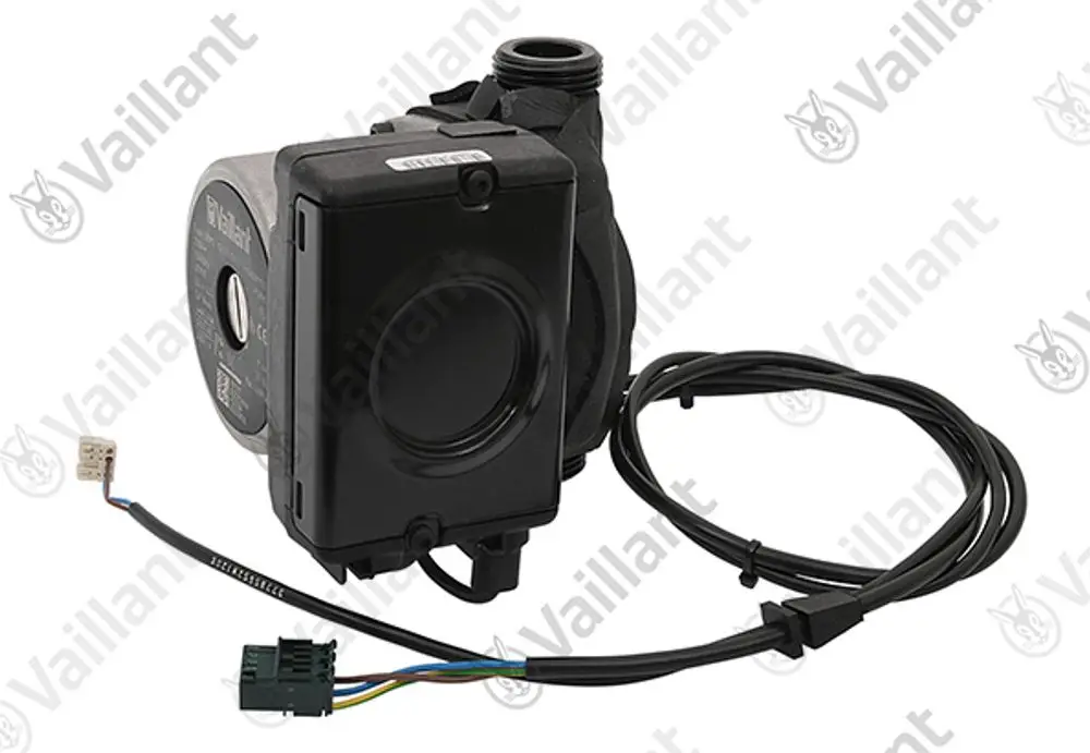 Vaillant Pumpe mit einem Gehäuse und elektrischen Anschlüssen. Sichtbare Kabel und Stecker. Konstruiert für verschiedene Anwendungen in Heizungsanlagen.